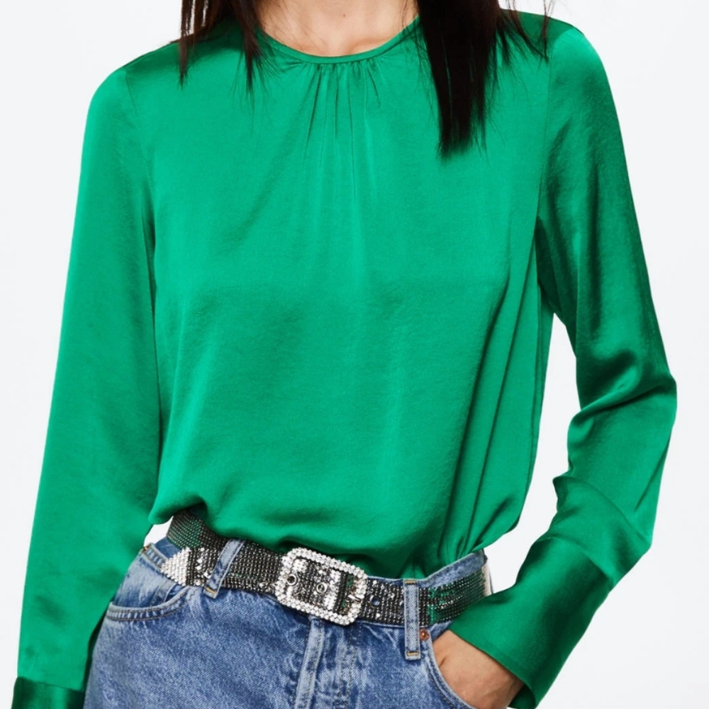 MANGO MNG Beautiful Satin Gathered Neck Long Sleeve Blouse 2 (XS)
